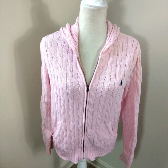 Ralph Lauren Sweaters - Ralph Lauren pink cable knit zip up hoodie sweater says XL fits like S/M
